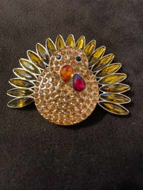 Thanksgiving Turkey Rhinestone Brooch • Fall Holiday Crystal Pin Gold Tone